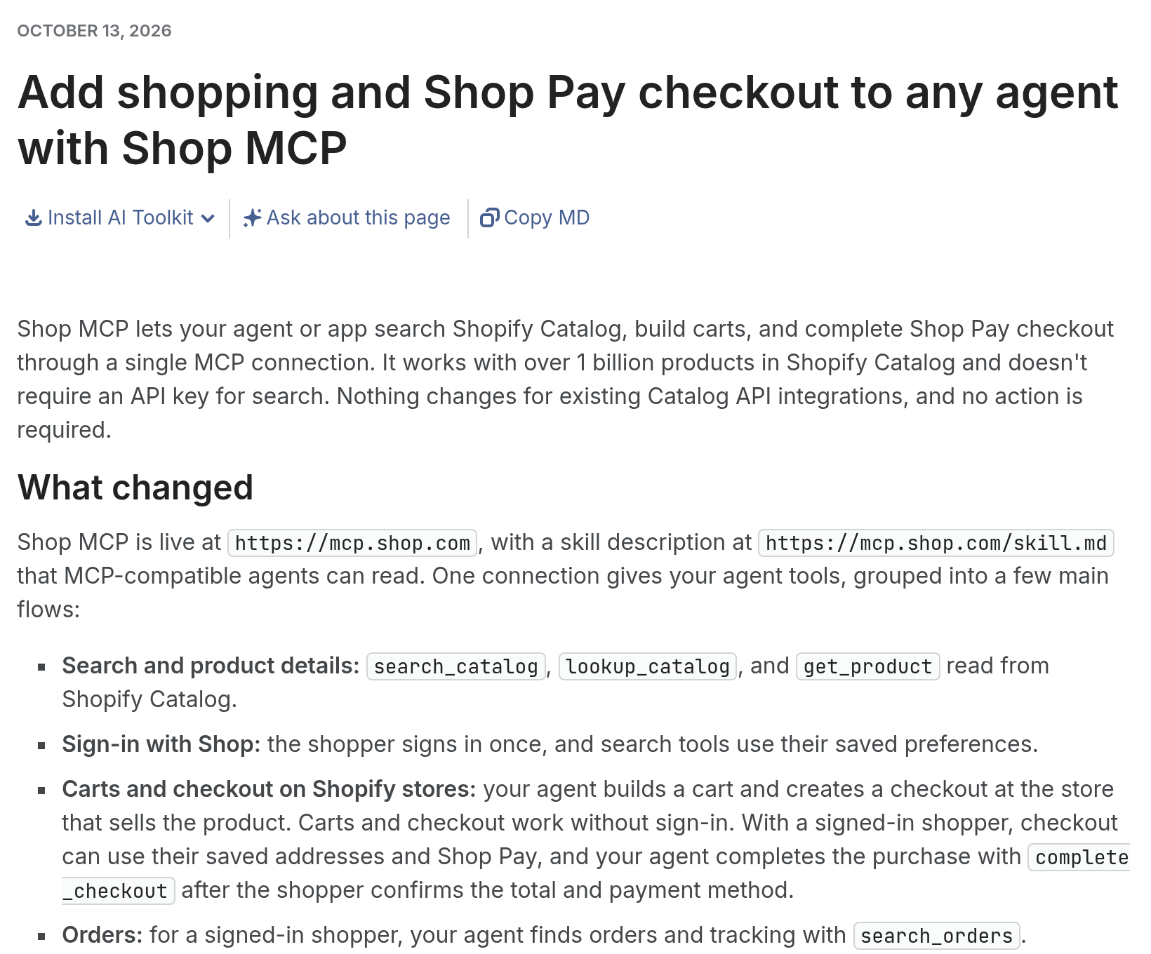 Shopify 개발자 변경 기록 페이지의 Shop MCP 발표 부분